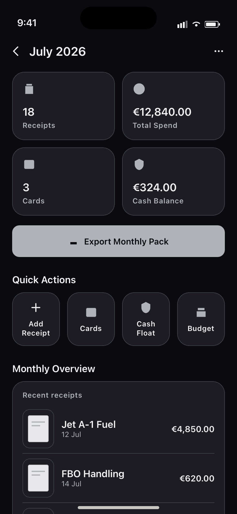 Tabulo Aviation monthly workspace for a fictional July, showing spend, receipts and recent aircraft expenses