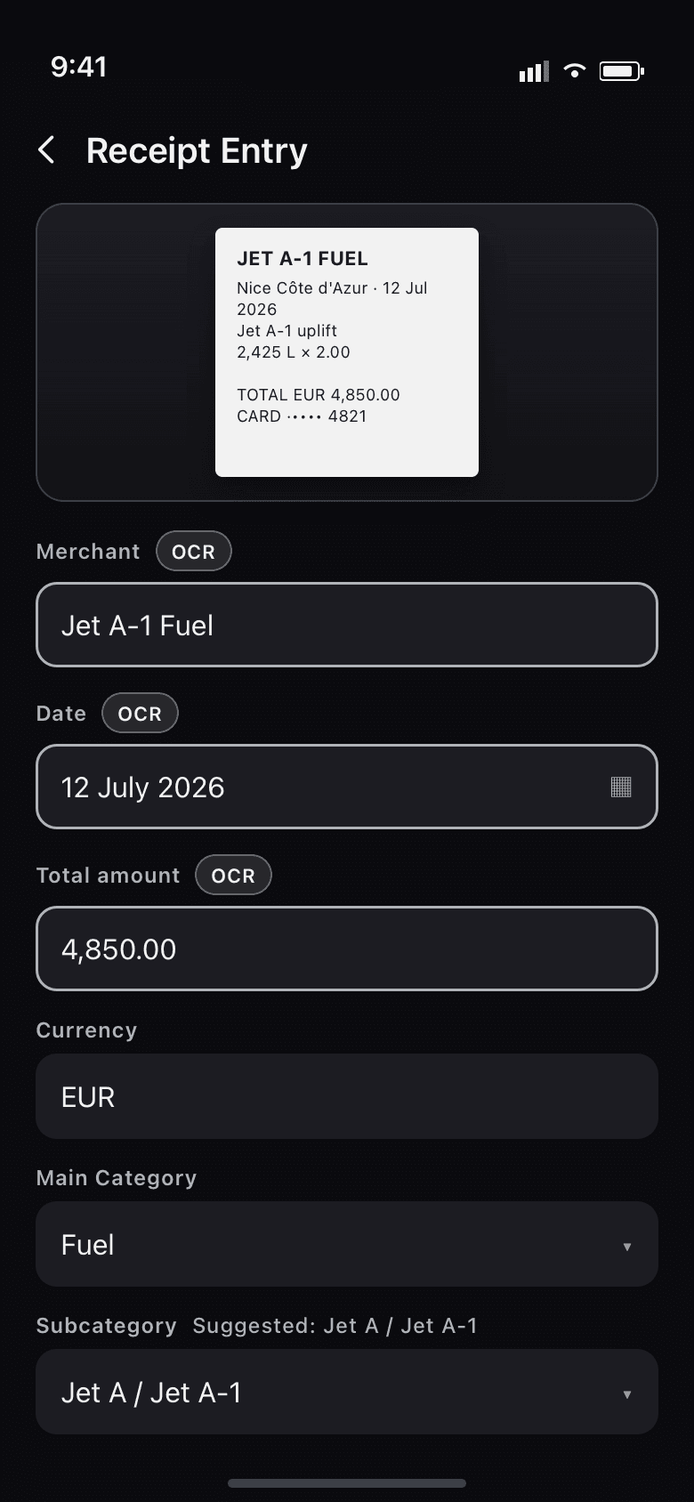 Tabulo Aviation receipt review with OCR-prefilled merchant, date, amount and Jet A-1 category