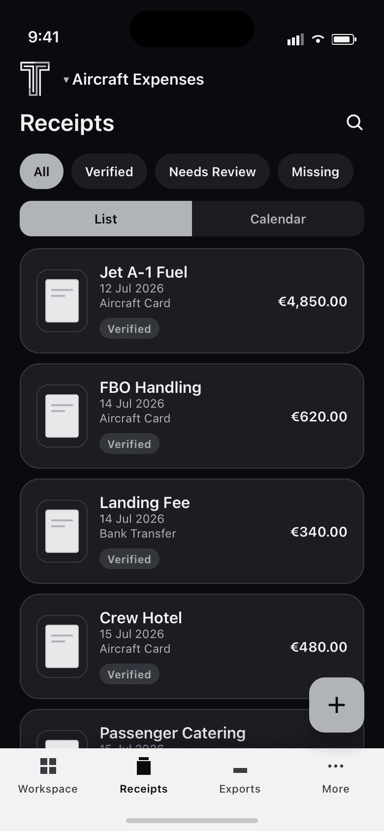Tabulo Aviation receipts list with fictional private-aviation expenses for July