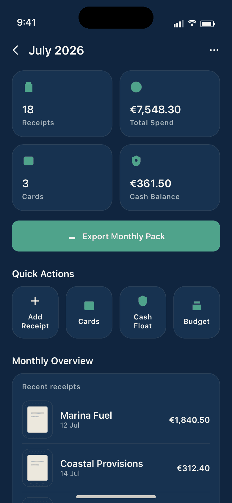 Tabulo Marine monthly workspace for a fictional July, showing spend, receipts and recent activity