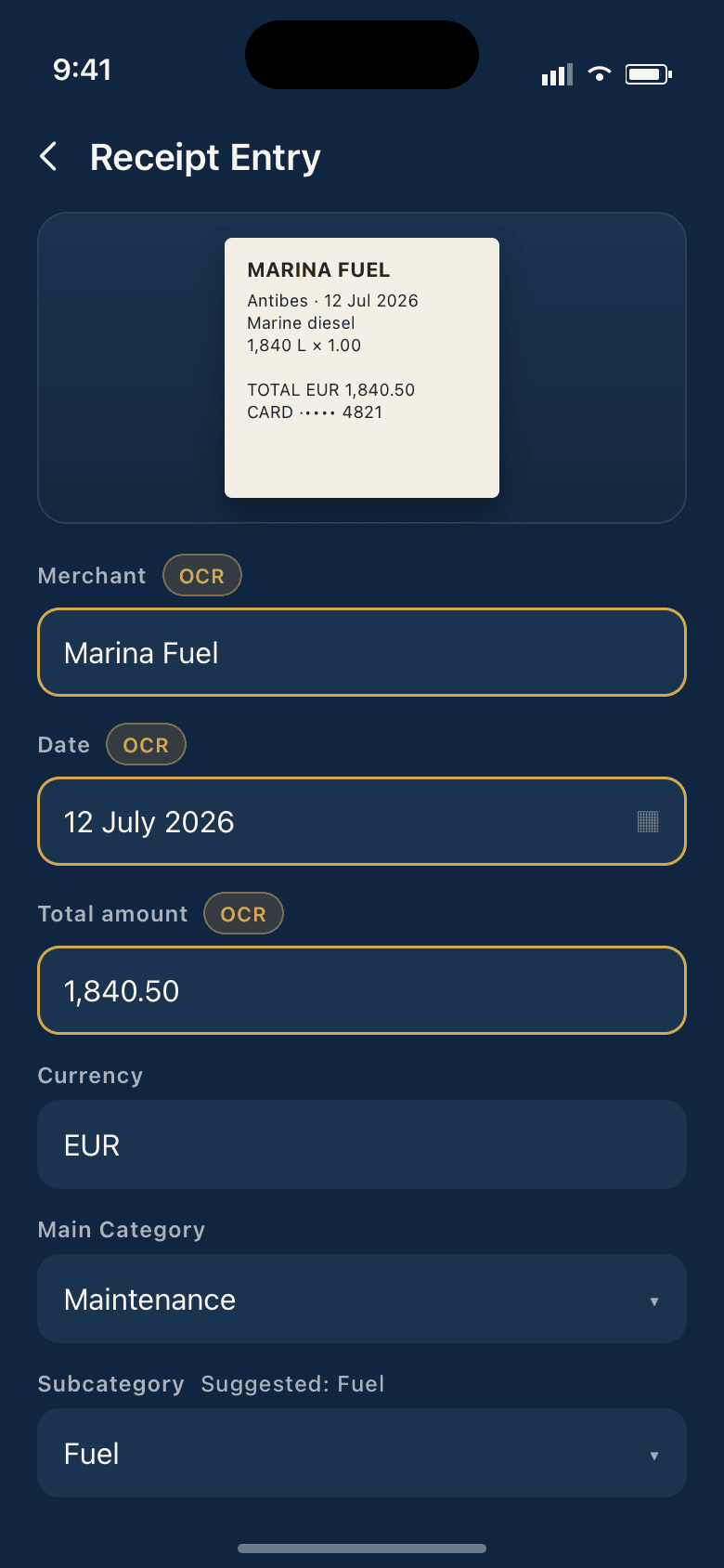 Tabulo Marine receipt review with OCR-prefilled merchant, date and amount
