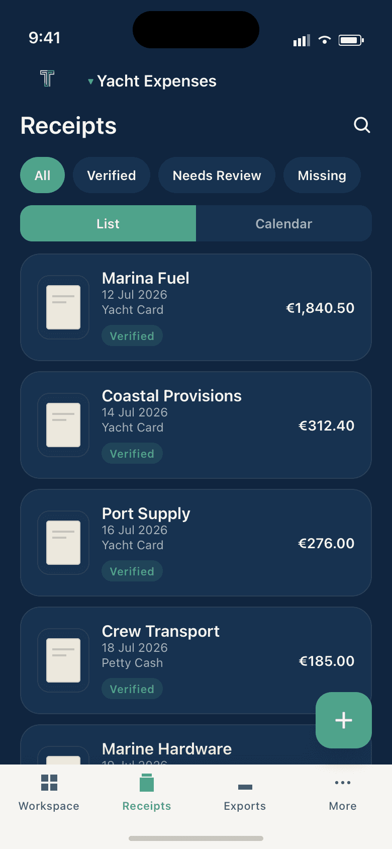 Tabulo Marine receipts list with fictional yacht expenses for July